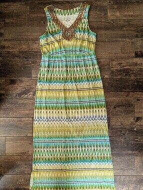 Sonoma Life+Style Beaded V-Neck Bohemian Maxi Dress Blue Green Womens Size Large